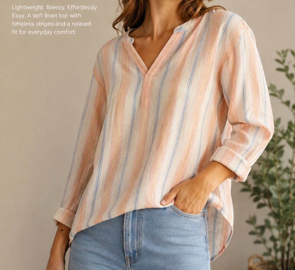 L.L. Bean 100% linen striped V-neck top size large